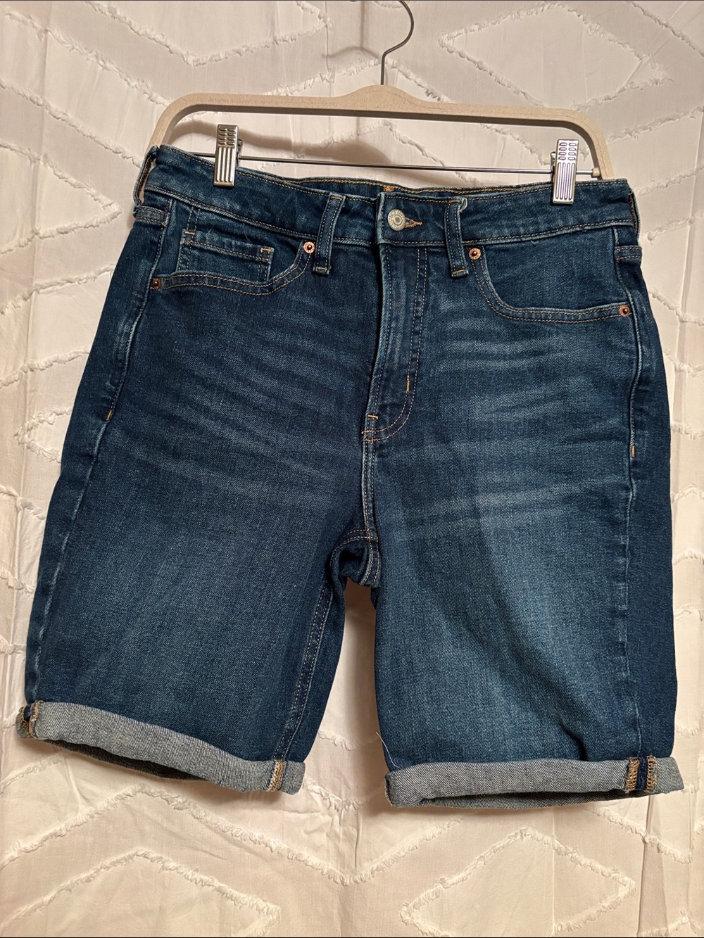Dark Wash Denim Roll-Cuff Bermuda Shorts